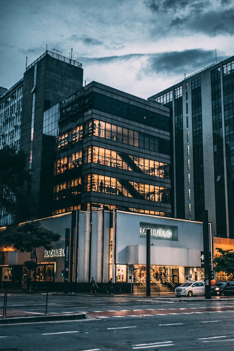 Night view of a city block with modern architecture